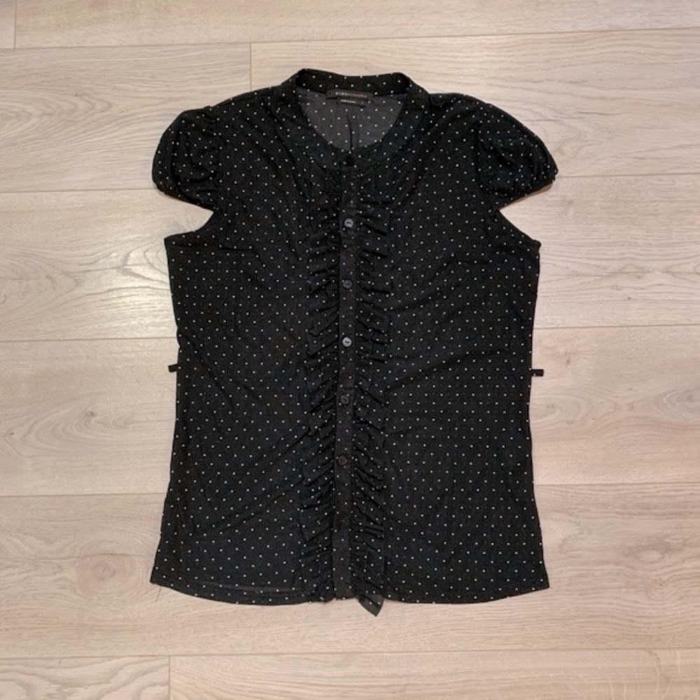 BCBGMaxAzria Polka Dot Sheer Button Up Blouse Sz L